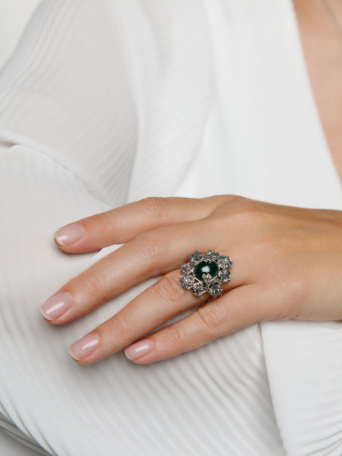 Серебряное кольцо ALEXANDRE VASSILIEV с зеленым агатом, микрожемчугом и марказитами Swarovski