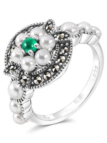 Серебряное кольцо ALEXANDRE VASSILIEV с зеленым агатом, микрожемчугом и марказитами Swarovski