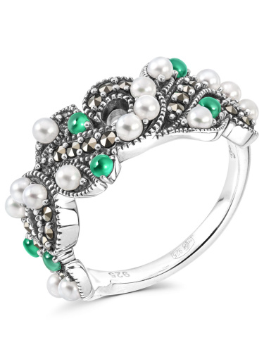 Серебряное кольцо ALEXANDRE VASSILIEV с зеленым агатом, микрожемчугом и марказитами Swarovski