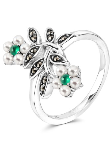 Серебряное кольцо ALEXANDRE VASSILIEV с зеленым агатом, микрожемчугом и марказитами Swarovski