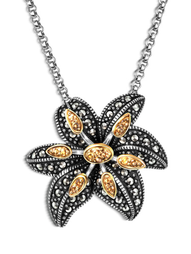 Серебряный кулон на цепи ALEXANDRE VASSILIEV с цитрином, марказитами Swarovski и позолотой