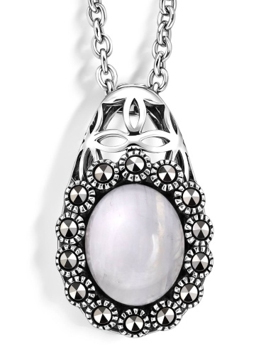 Серебряный кулон на цепи ALEXANDRE VASSILIEV с лунным камнем и марказитами Swarovski