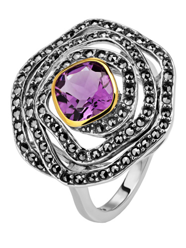 Серебряное кольцо ALEXANDRE VASSILIEV с аметистом, марказитами Swarovski и позолотой