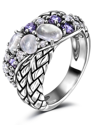 Серебряное кольцо ALEXANDRE VASSILIEV с лунным камнем. фианитами Swarovski и лолитом
