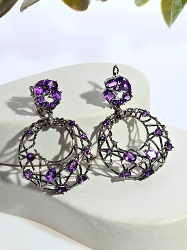 Серебряные серьги с аметистами и цирконами
