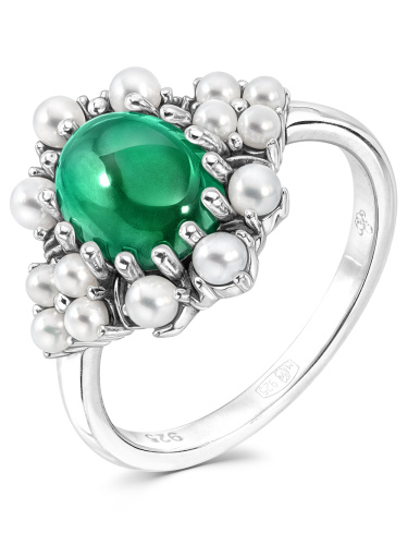 Серебряное кольцо ALEXANDRE VASSILIEV с зеленым агатом, микрожемчугом и марказитами Swarovski